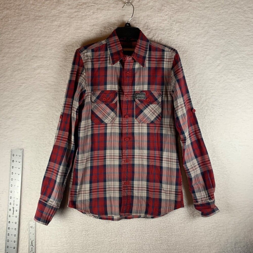 Superdry Men's Red Flannel Long Sleeve Western Plaid‎ Pocket Shirt Medium 9044